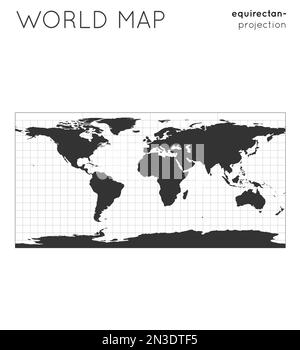 Weltkarte. Kugel in rechteckiger (Platte Carree) Projektion mit Rasterlinien. Moderne Vektordarstellung. Stock Vektor