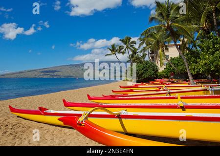 Eine Reihe farbenfroher hawaiianischer Outrigger-Kanus, die sich am nördlichen Ende von Kihei aneinanderreihen; Kihei, Maui, Hawaii, Vereinigte Staaten von Amerika Stockfoto