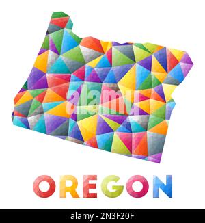 Oregon – farbenfrohe, niedrige Poly-Form in den USA. Mehrfarbige geometrische Dreiecke. Modernes, trendiges Design. Vektorabbildung. Stock Vektor