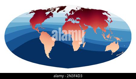 Weltkartenvektor. Sinusprojektion nach Foucaut. Welt in rot-orangefarbenem Farbverlauf auf tiefen blauen Ozeanwellen. Klassische Vektordarstellung. Stock Vektor