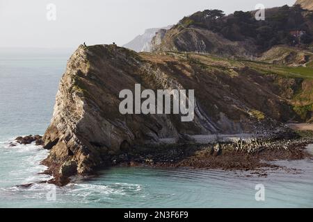 Am Strand und den Klippenpfaden am Lulworth Cove mit Blick auf den Atlantischen Ozean an der Jurassic Coast World Heritage Site Stockfoto