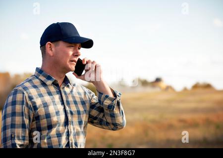 Ein Mann, der auf einem Smartphone spricht, während er die Rapsernte im Herbst überwacht und beendet; Alcomdale, Alberta, Kanada Stockfoto