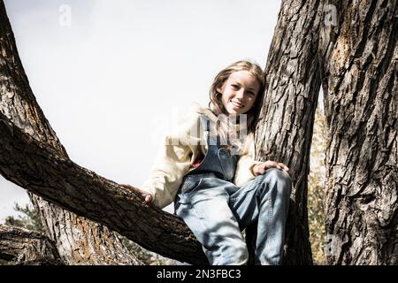 Ein junges Mädchen spielt in einem großen Baum und posiert für ein Bild in einem Stadtpark an einem warmen Herbstnachmittag; St.. Albert, Alberta, Kanada Stockfoto