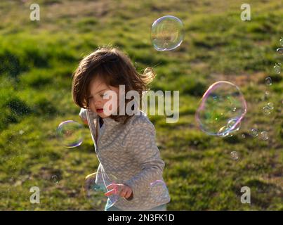 Ein junges Mädchen läuft und spielt unter den schwimmenden Seifenblasen in der Luft; Sechelt, British Columbia, Kanada Stockfoto