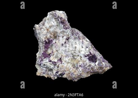 Specmen aus violettem Fluorit gemischt mit riesigen Calzitkristallen, aus der Purple Passion Mine in Arizona. Schwarzer Hintergrund. Etwa 8 cm groß. Stockfoto