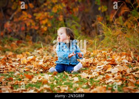 Porträt eines kleinen Mädchens mit Down-Syndrom, das in der Herbstsaison zwischen den gefallenen Blättern in einem Stadtpark auf dem Boden sitzt Stockfoto