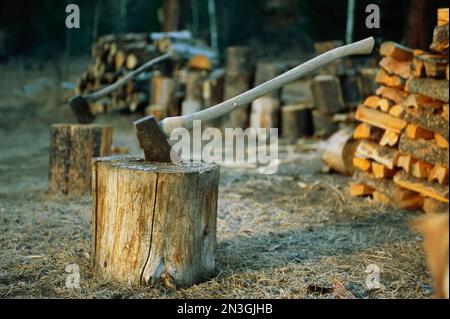 Brennholz wird in Wärmekabinen in der Nähe der Bob Marshall Wilderness in Choteau, Montana, Vereinigte Staaten von Amerika aufgeteilt Stockfoto