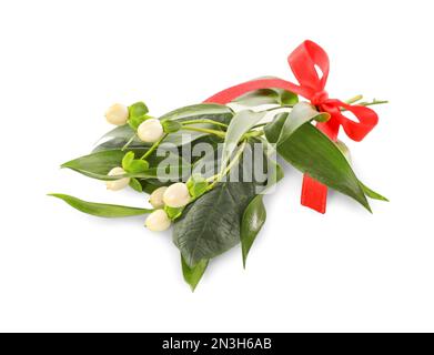 Mistelzweige mit roter Schleife isoliert auf weiß. Traditionelle Weihnachtsdekor Stockfoto