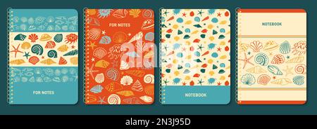 Sea Shell Spüle trendiges Notizblock-Cover-Set. Notizbuch mit nautischen Schneckenstarren, Muscheln. Ocean Underwater Design für Planer, Broschüre, Buch, Katalog. Dekoratives Layout Seite drucken Vorlage Poster Stock Vektor