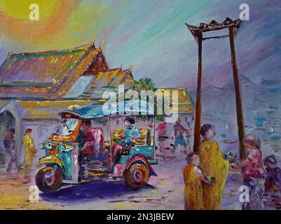 Art Oil Gemälde Fine Art Thailand Tuk Tuk, Fahrzeug Stockfoto