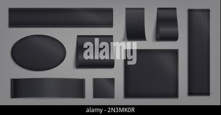 Leere Kleidungsanhänger, Modeetiketten mit Nähten. Leere schwarze Stoffabzeichen für Hemden, Kleider und Bekleidung mit isolierten Nähten auf transparentem Backgro Stock Vektor