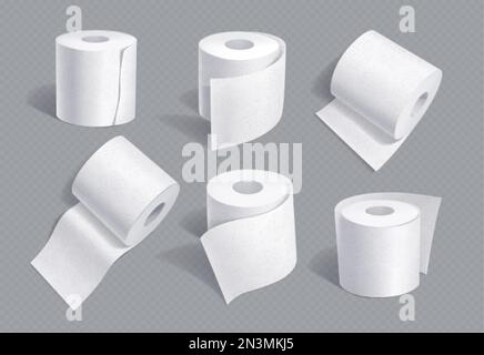 Realistisches Set von Toilettenpapiermodellen isoliert auf transparentem Hintergrund. 3D-Vektordarstellung weicher weißer Hygienepapierrollen für Badezimmer oder La Stock Vektor