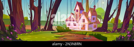 Cartoon-Haus im Sommerwald. Vektordarstellung einer Holzstraße, die zu einer gemütlichen Hütte mit rotem Dach auf einer sonnenbeleuchteten Lichtung führt, umgeben von hohen Bäumen, blühenden Büschen und grünem Gras. Hintergrunddesign für Spiele Stock Vektor