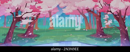 Japanischer Kirschgarten mit Sakurablühen. Frühlingslandschaft des Parks mit grüner Graslade mit Pfütze, chinesische Kirschbäume mit fallenden rosa Blütenblättern, Vektorgrafik Stock Vektor