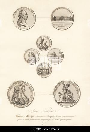 Goldmedaillen des Heiligen römischen Kaisers Joseph II. Von Johann Nepomuk Wirt, Papst Pius VI. Und König Ferdinand IV. Und Maria Carolina Neapel und Sizilien von Martin Krafft, verliehen an Thomas Martyn. Aurea Numismata. Kupferplatten-Gravur von Thomas Martyns dem englischen Entomologen, der alle koleopterösen Insekten aus England ausstellt, Akademie für Illustration und Malen der Naturgeschichte, London, 1792. Stockfoto