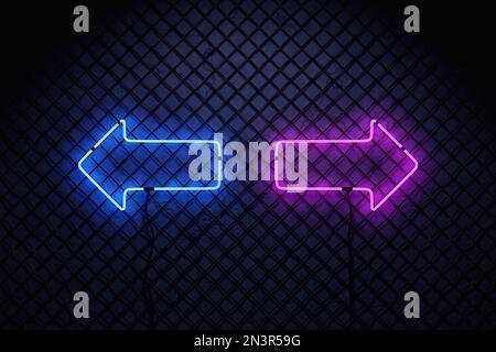 3D Abbildung der neonrosa und blauen Pfeile auf einer Netzwand. Realistisches, glänzendes Schild. Symbol für leuchtende Pfeile. Farbiges Neonbanner. Stockfoto