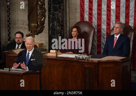 Washington, DC, USA. 7. Februar 2023. 2/7/23 USA Capitol Washington DC. Präsident Joe Biden übergibt der Nation den 2023 State of the Union von der House Chamber of the U. S. Capitol. (Kreditbild: © Christy Bowe/ZUMA Press Wire) NUR REDAKTIONELLE VERWENDUNG! Nicht für den kommerziellen GEBRAUCH! Stockfoto