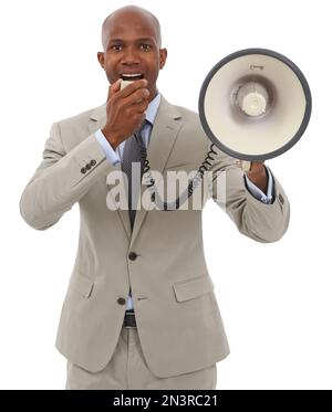 Sag es laut und stolz. Ein afroamerikanischer Geschäftsmann, der über einen Lautsprecher spricht. Stockfoto