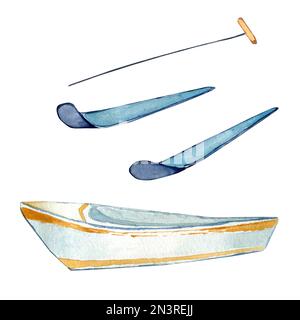 Cartoon-Wasserboot und Wasserski-Aquarell-Illustration isoliert auf weißem Hintergrund. Elements for Australian Kollektion mit niedlichen Tieren, die von Hand gezogen werden Stockfoto