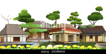 Traditionelles japanisches Haus. Auf der Blumenwiese. Ein kleines Dorf. Ländliches Wohnhaus mit Strohdach. Darstellungsvektor. Stock Vektor