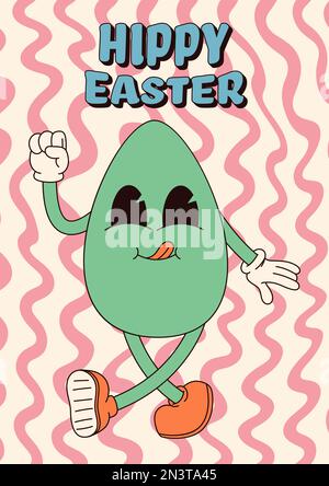 Tolle Hippie-Poster zu Ostern. Ostereier. Vektorkarte im modischen Retro-60s 70s-Cartoon-Stil. Stock Vektor