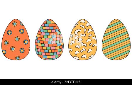 Toller Hippie Frohe Ostern. Set aus Ostereiern mit Mustern im trendigen Retro-Stil der 60s 70s Jahre. Stock Vektor