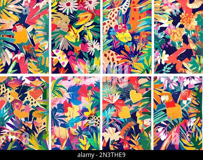 Farbenfroher Safari-Dschungel mit tropischen Blättern, Tieren, Vögeln und exotischen Blumen. Vektordarstellung. Stock Vektor