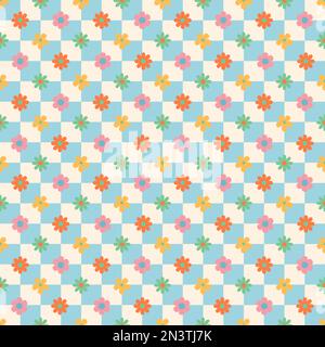 Groovy Hippie Happy Easter Nahtloses Muster. Hintergrund mit Blumen im modischen Retro-Cartoon-Stil der 60s 70s Jahre. Stock Vektor