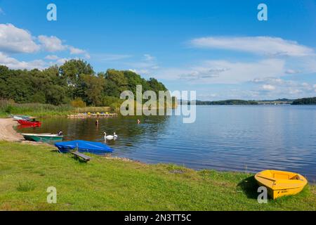 Boote an der Küste, Lipno Reservoir, Böhmische Riviera, Horni Plana, Oberplan, Okres Cesky Krumlov, Region Jihocesky kraj, Südböhmen, Tschechien Stockfoto