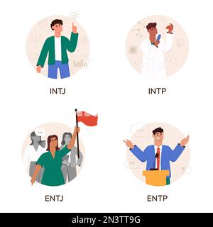 Satz von MBTI-Personentypen des Analysten. Socionics mbti. Persönlichkeitstest. Konzept des Verstandesverhaltens. Flache Vektorgrafik Stock Vektor