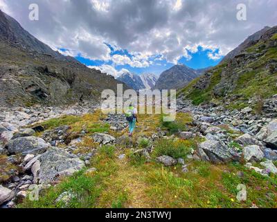 Ein Touristenmädchen mit einem großen Rucksack geht auf einem Pfad in den Steinen des Altai-Gebirges vor dem Hintergrund von Gletschern und Schnee. Stockfoto