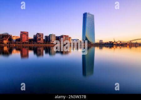 Europäische Zentralbank EZB, vor ihr die Sommerwerft und Wohnungen, Sonnenaufgang und Reflexion an den Ufern von Main, Frankfurt am Main, Hessen Stockfoto