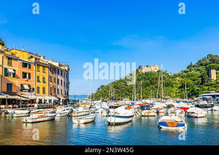 Segelyachten und Boote vor Anker im Hafen von Portofino, Portofino, Ligurien, Italien Stockfoto