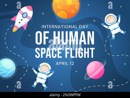 Internationaler Flugtag des Menschen im Weltraum am 12. April Illustration mit Rocket und Kids Astronaut in flachem Cartoon Hand Drawn for Landing Page Templates Stock Vektor