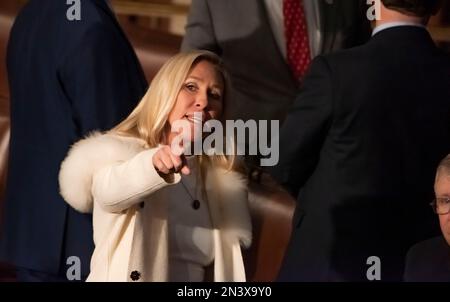 Washington DC, 7. Februar 2023 USA: Vertreter Marjorie Taylor Green, R-GA trifft im Repräsentantenhaus ein, bevor Präsident Biden seinen zweiten Status der Union in der US-Hauptstadt in Washington DC gibt. Patsy Lynch/MediaPunch Stockfoto