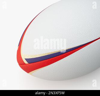 Ein weiß strukturierter Rugby-Ball mit farbigen Designelementen auf einem isolierten Hintergrund – 3D-Rendering Stockfoto