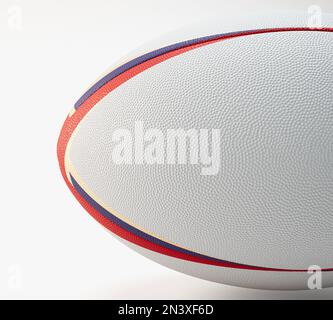 Ein weiß strukturierter Rugby-Ball mit farbigen Designelementen auf einem isolierten Hintergrund – 3D-Rendering Stockfoto