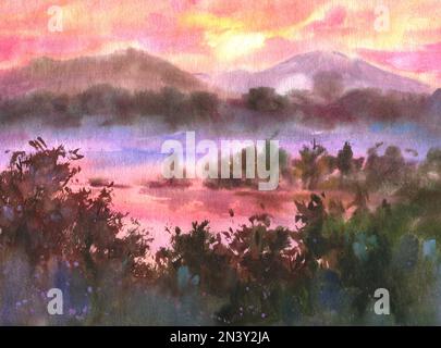 Friedliche Aquarelllandschaft mit ruhigem Fluss entlang der felsigen Küste mit T-Bäumen vor dem Hintergrund des sanften Sonnenaufgangs und der violetten, verschwommenen Silhouette Stockfoto