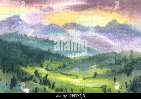 Handgezeichneter wasserfarbener Hintergrund. Landschaftsberge, Sonnenlicht durch die Wolke, Himmel. Orange Sonnenaufgang, Sonnenuntergang. Stockfoto