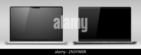 Laptopmodelle in einem Metallgehäuse mit schwarzen Bildschirmen. Modelle realistischer Notebooks auf grauem Hintergrund. Stock Vektor