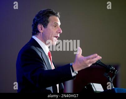 FILE - In this Friday, Sept. 19, 2014, file photo, New York Gov. Andrew Cuomo speaks during the annual meeting of the Business Council of New York State at the Sagamore Resort, in Bolton Landing, N.Y. A new report shows 20,000 broadcast TV ads have been targeted at New York voters during the 2014 election cycle, with a flurry in the run-up to Gov. Andrew Cuomo's defeat of primary challenge Zephyr Teachout. (AP Photo/Mike Groll, File)