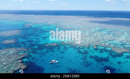 Luftaufnahme eines Segelboots, umgeben von einem Korallenriff vor Australien Stockfoto