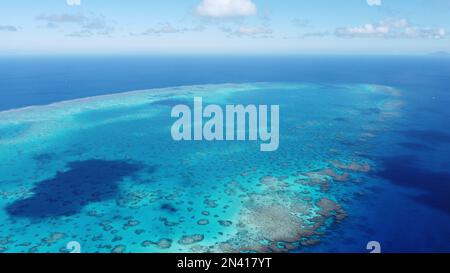 Luftaufnahme des wunderschönen Korallenriffs, umgeben von tiefblauem Wasser Stockfoto