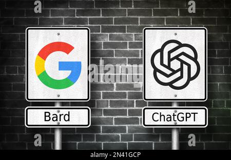 Google Bard im Vergleich zu OpenAI ChatGPT – KI-Software für Chatbot mit künstlicher Intelligenz Stockfoto