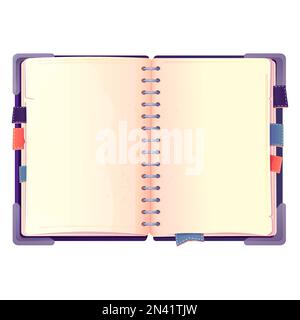 Tagebuch, Notizbuch im Cartoon-Stil, Blick von oben, isoliert auf weißem Hintergrund. Buchen Sie mit Lesezeichen und spiralförmigem Tagesplaner. Vektordarstellung Stock Vektor