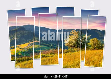 Isolierte 8-Bilder-Collage von Sommersonnenaufgang in Karpaten mit blühendem Kirschbaum. Modell eines modularen Fotos. Stockfoto