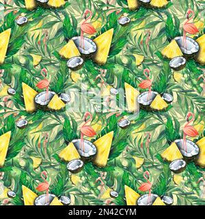 Tropische Blätter mit Ananas und Kokosnüssen, mit rosa Flamingos auf gelbem Hintergrund. Aquarelldarstellung. Nahtloses Muster von der STRANDBAR Stockfoto
