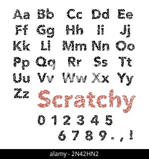 Eine eindeutige Designschriftart, Großbuchstaben, Kleinbuchstaben und Zahlen, Schrift mit Muster, Scratchy, vektordarstellung. Stock Vektor