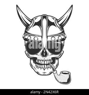 Wikinger Schädel Raucherpfeife in einem Hornhelm mit Holzstruktur und Sonnenbrille Zubehör zum Schutz der Augen vor hellem Sonnenlicht isolierten Vektor Stock Vektor
