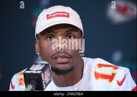 Kansas City Chiefs Wide Receiver Marquez Valdes-Scantling spricht vor dem Super Bowl LVII im Hyatt Regency Scottsdale Resort and Spa auf der Gainey Ranch in Phoenix, Arizona, mit Medienvertretern der Kansas City Chiefs. Foto: Dienstag, 7. Februar 2023. Der Super Bowl LVII findet am Sonntag, den 12. Februar 2023 zwischen den Kansas City Chiefs und den Philadelphia Eagles statt. Stockfoto